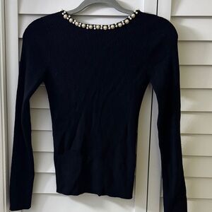 Pearl-Trim Black Ribbed Long-Sleeve Top